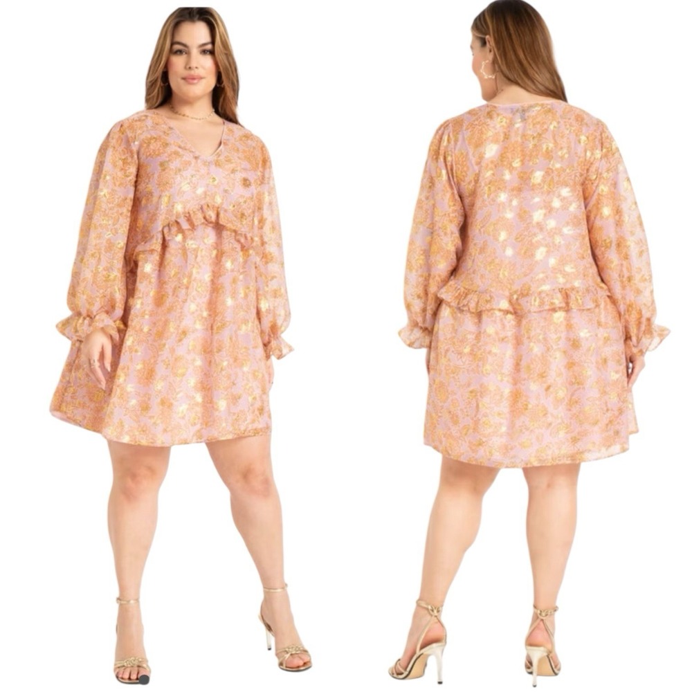 Eloquii Pink Metallic Floral Ruffle Mini Dress